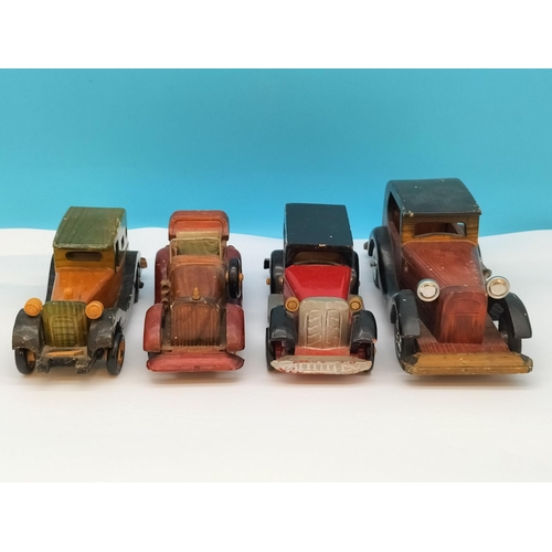 344 - Vintage Wooden Hand Built Classic Cars (4). Largest 25cm Long. One Missing a Wheel.