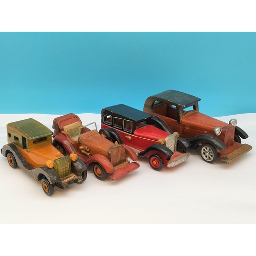 344 - Vintage Wooden Hand Built Classic Cars (4). Largest 25cm Long. One Missing a Wheel.