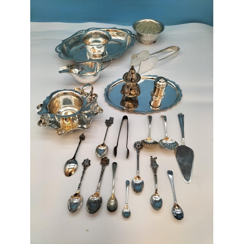 43 - Box of Mixed Plated Ware to include Sugar Sifter, Salt and Pepper Pots, Tray, Tongs, etc.