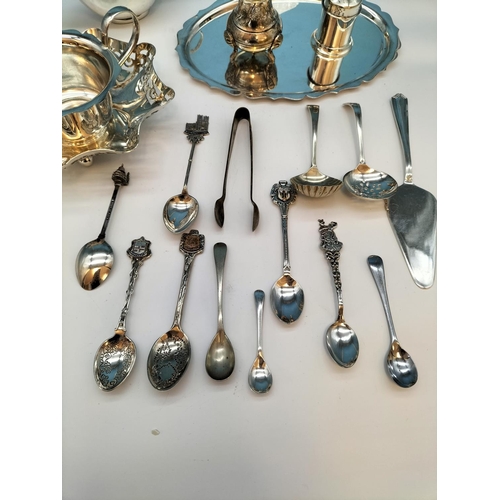 43 - Box of Mixed Plated Ware to include Sugar Sifter, Salt and Pepper Pots, Tray, Tongs, etc.