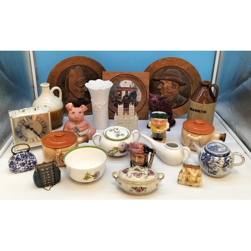 442 - Box of Mixed Pottery, Wooden Items, Clock, etc.