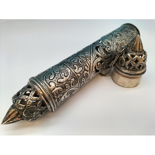 467 - Antique White Metal Tibetan Repousse Scroll/Document Holder. 31cm Long.