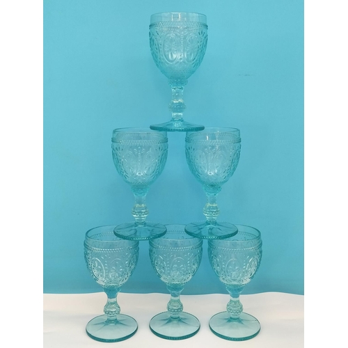 508 - Mid Century Set of 6 Aqua Turquoise Wine Glasses 17cm Tall.