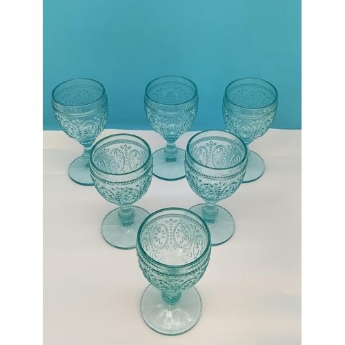 508 - Mid Century Set of 6 Aqua Turquoise Wine Glasses 17cm Tall.