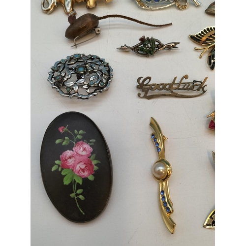 58 - Collection of Brooches to include Bee, Dog, Butterflies, Minton Ceramic Flower Plaque (No Pin), etc.