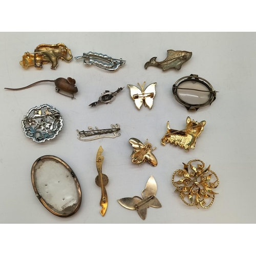 58 - Collection of Brooches to include Bee, Dog, Butterflies, Minton Ceramic Flower Plaque (No Pin), etc.