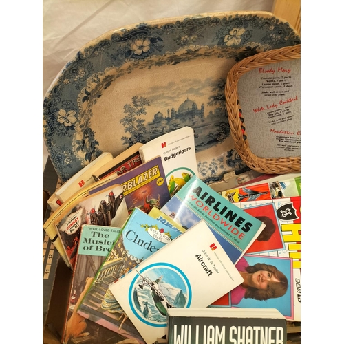 603 - Box of Mixed Items to include Blue and White Meat Platter, Fish Scaler, Tray, Books, Annuals, etc.