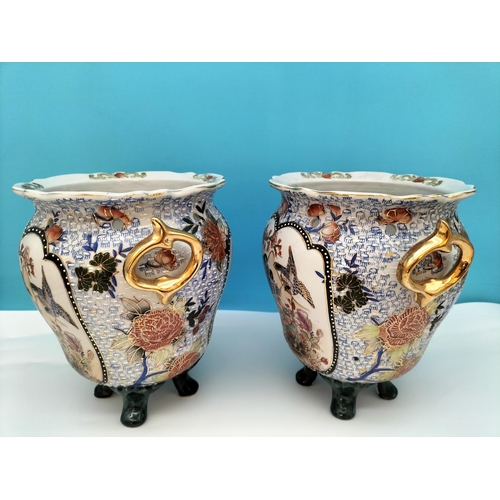 98 - Pair of Mid Century Chinese Pottery Hand Painted Footed Planters. 22cm High, 17cm Diameter.