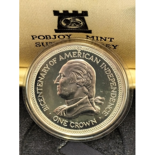 14 - Silver Isle of Man 1976 'Bicentenary of American Independence' One Crown Coin. Cased.