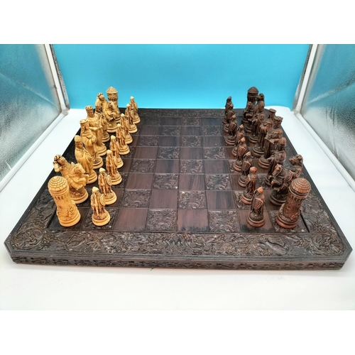 166 - Chess Set with Medieval Pieces. Board Size 60cm x 60cm.