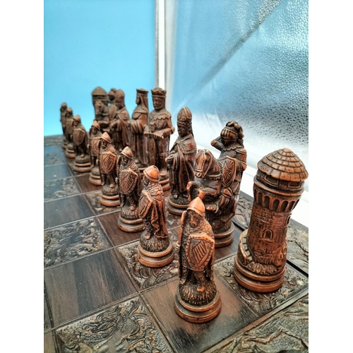 166 - Chess Set with Medieval Pieces. Board Size 60cm x 60cm.