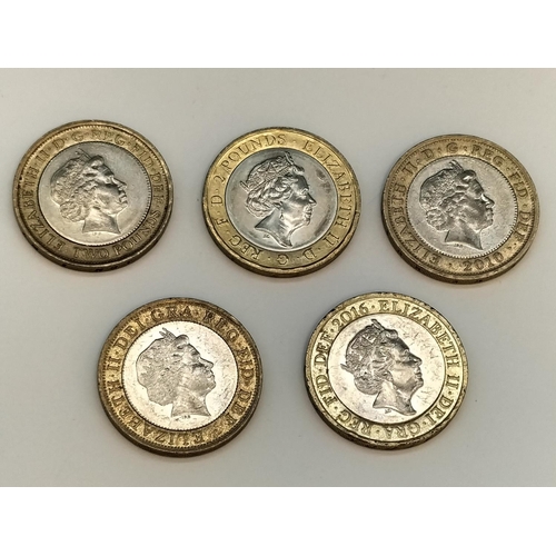 172 - Five £2 Coins to include Slavery, Stephenson's Rocket, etc.