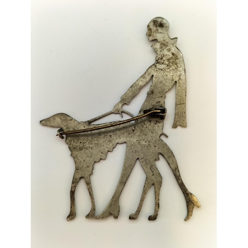 18 - Art Deco Style White Metal Brooch of Elegant Lady Walking Borzoi Dog. 7cm x 5cm.