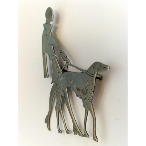 18 - Art Deco Style White Metal Brooch of Elegant Lady Walking Borzoi Dog. 7cm x 5cm.