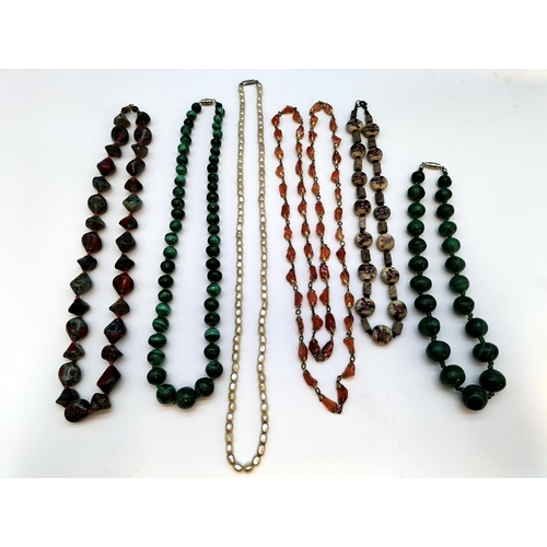 209 - 6 x Natural Stone and Beadwork Necklaces to include Malachite (2), Red Jasper, Pearl with Sterling S... 