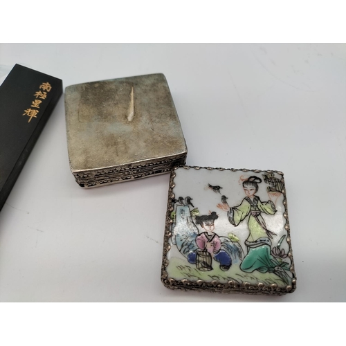 358 - Mid Century Chinese Republic Hand Painted Ceramic and White Metal Trinket Box/Compact plus Chinese C... 