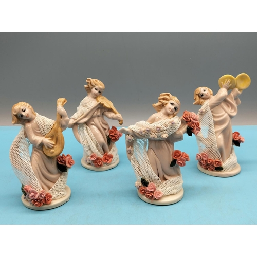 360 - Collection of 4 Ceramic 12cm Figures Playing Musical Instruments/Dancing with Floral and Lace Decora... 