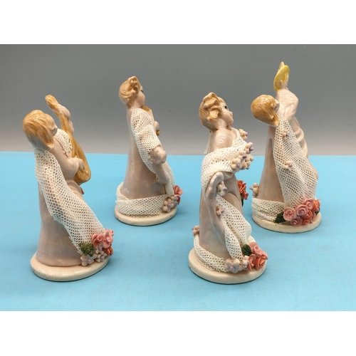 360 - Collection of 4 Ceramic 12cm Figures Playing Musical Instruments/Dancing with Floral and Lace Decora... 