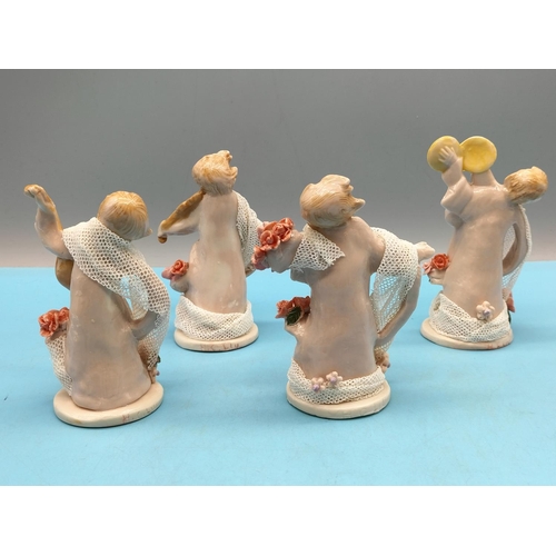 360 - Collection of 4 Ceramic 12cm Figures Playing Musical Instruments/Dancing with Floral and Lace Decora... 