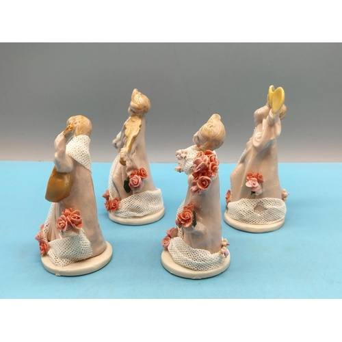 360 - Collection of 4 Ceramic 12cm Figures Playing Musical Instruments/Dancing with Floral and Lace Decora... 