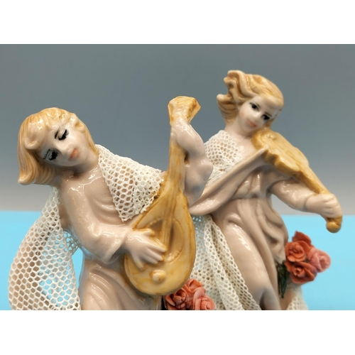 360 - Collection of 4 Ceramic 12cm Figures Playing Musical Instruments/Dancing with Floral and Lace Decora... 