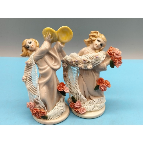 360 - Collection of 4 Ceramic 12cm Figures Playing Musical Instruments/Dancing with Floral and Lace Decora... 