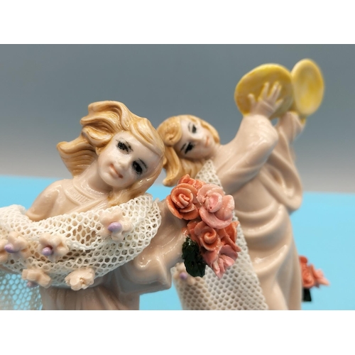 360 - Collection of 4 Ceramic 12cm Figures Playing Musical Instruments/Dancing with Floral and Lace Decora... 