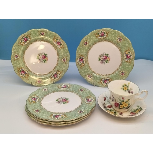 423 - Queen Anne China 21cm Dessert Plates (5) in the 'Gainsborough Green' Pattern (Firsts) plus Royal Alb... 