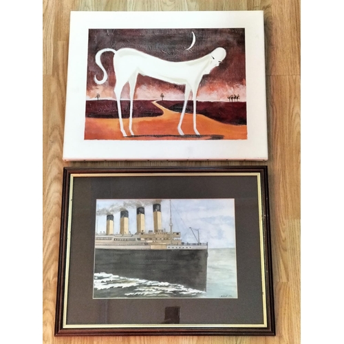 483 - Framed Watercolour of the 'Titanic' by M Wright 1999 plus Oil on Canvas of the White Horse of Wiltsh... 