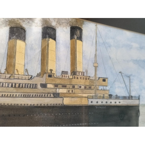 483 - Framed Watercolour of the 'Titanic' by M Wright 1999 plus Oil on Canvas of the White Horse of Wiltsh... 