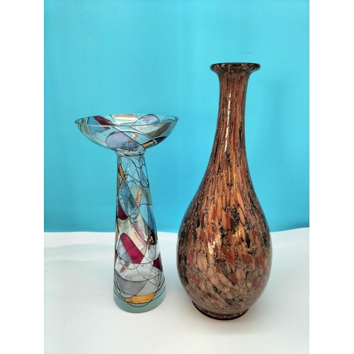 538 - Crystal Stained Mosaic Glass Vase plus Art Glass Vase. Tallest 37cm.