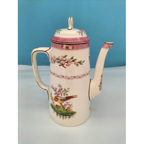 54 - c1912 Royal Worcester Hand Painted Coffee Pot with Exotic Bird Pattern. 20cm Tall.