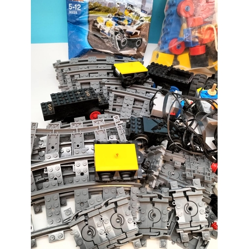 574 - Box of Mixed Lego Pieces to include Trains, Track, Bag of Mixed Wheels, etc.