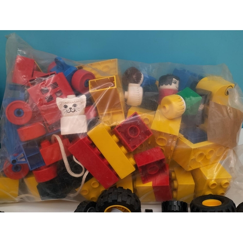 574 - Box of Mixed Lego Pieces to include Trains, Track, Bag of Mixed Wheels, etc.