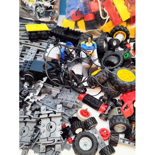 574 - Box of Mixed Lego Pieces to include Trains, Track, Bag of Mixed Wheels, etc.