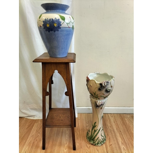 485 - Early 20th Century Oak Plant Stand and Modern Hand Painted Plant Pot, plus 55cm Hand Painted Ceramic... 