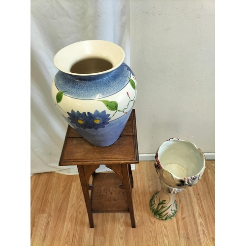 485 - Early 20th Century Oak Plant Stand and Modern Hand Painted Plant Pot, plus 55cm Hand Painted Ceramic... 