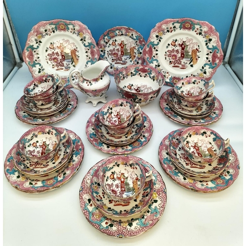 502 - Wild Bros (c1904) 36 Piece 'Chinese Pagoda' Pattern Tea Ware to include Cups, Saucers, Bread and But... 