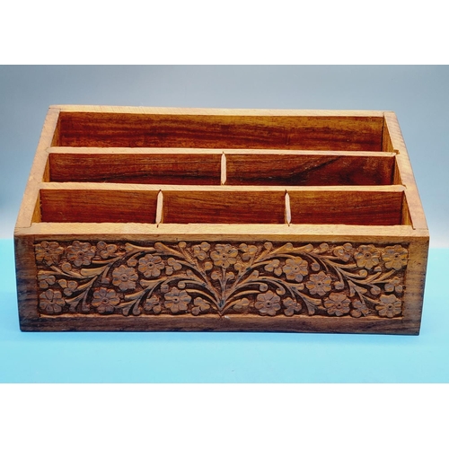 486 - Carved Wooden Desk Tidy/Letter Rack. 17cm High, 31cm x 9.5cm.