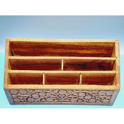 486 - Carved Wooden Desk Tidy/Letter Rack. 17cm High, 31cm x 9.5cm.