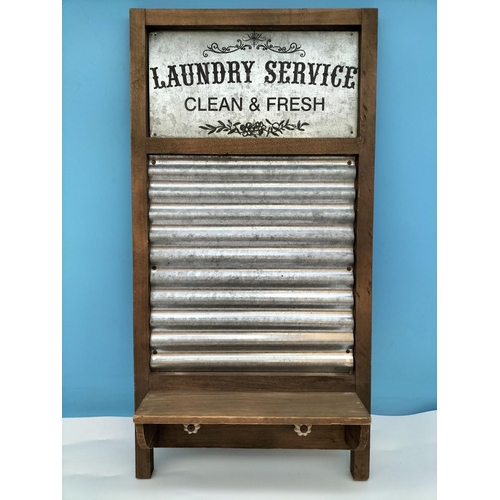 488 - Wood Framed Laundry Service Clean and Fresh Washboard Style Shelf and Hanger. 64cm High, 33cm x 10cm... 