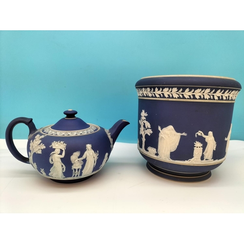 544 - Wedgwood Portland Blue Jasper Teapot with Glazed Interior (c1920/1930) plus an Adams Jasperware Jard... 