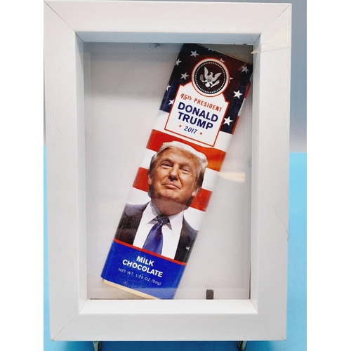 599 - Framed Donald Trump Chocolate Bar plus Silver 1944 Walking Half Dollar.