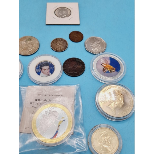 618 - Tin of Mixed Coins, Watch, Miners Token, etc to include 1917 Silver Australian One Shilling.