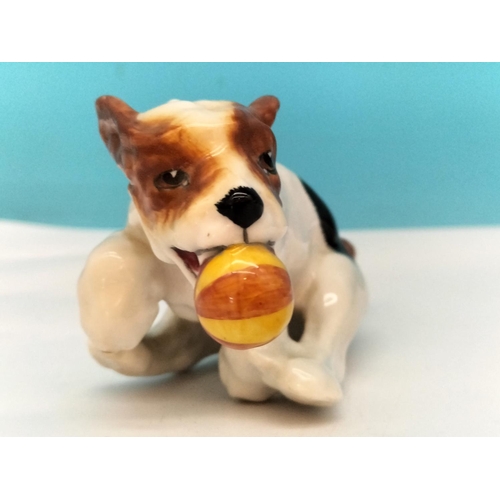 105 - Royal Doulton Dog Figure Running with Coloured Ball HN 1097. 12cm x 6cm.