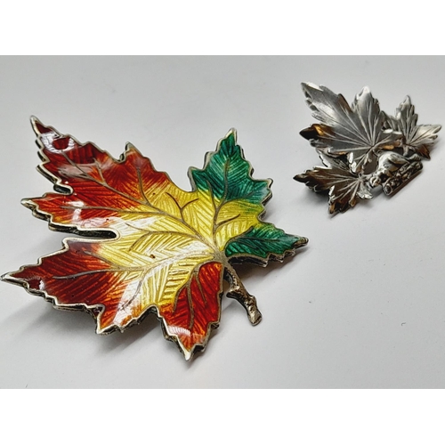 106 - Vintage Sterling Silver and Enamelled Maple Brooches (2) Largest 5cm x 5cm.