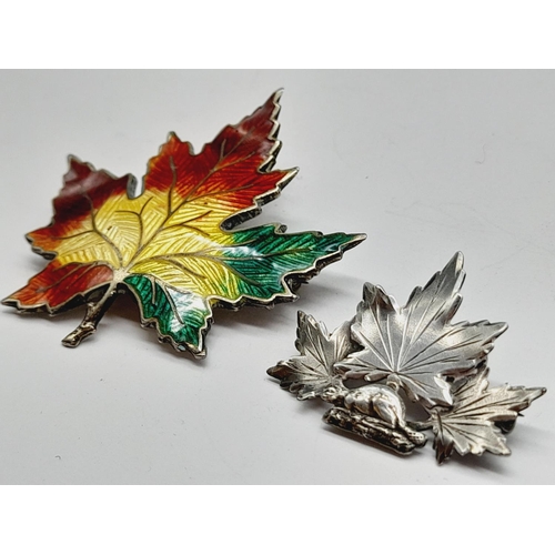 106 - Vintage Sterling Silver and Enamelled Maple Brooches (2) Largest 5cm x 5cm.