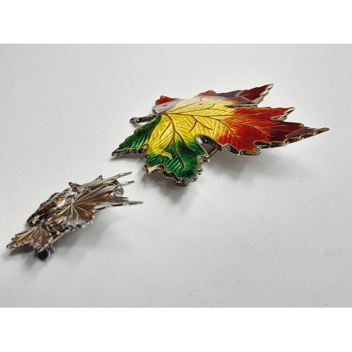 106 - Vintage Sterling Silver and Enamelled Maple Brooches (2) Largest 5cm x 5cm.