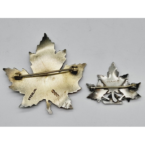 106 - Vintage Sterling Silver and Enamelled Maple Brooches (2) Largest 5cm x 5cm.