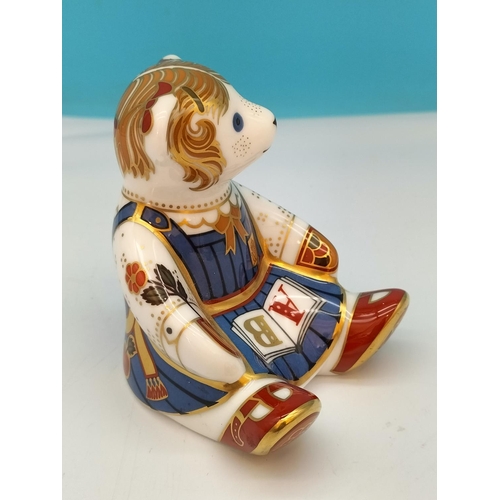 16 - Royal Crown Derby 'School Girl Teddy Bear' Paperweight with Gold Stopper. 9cm Tall.